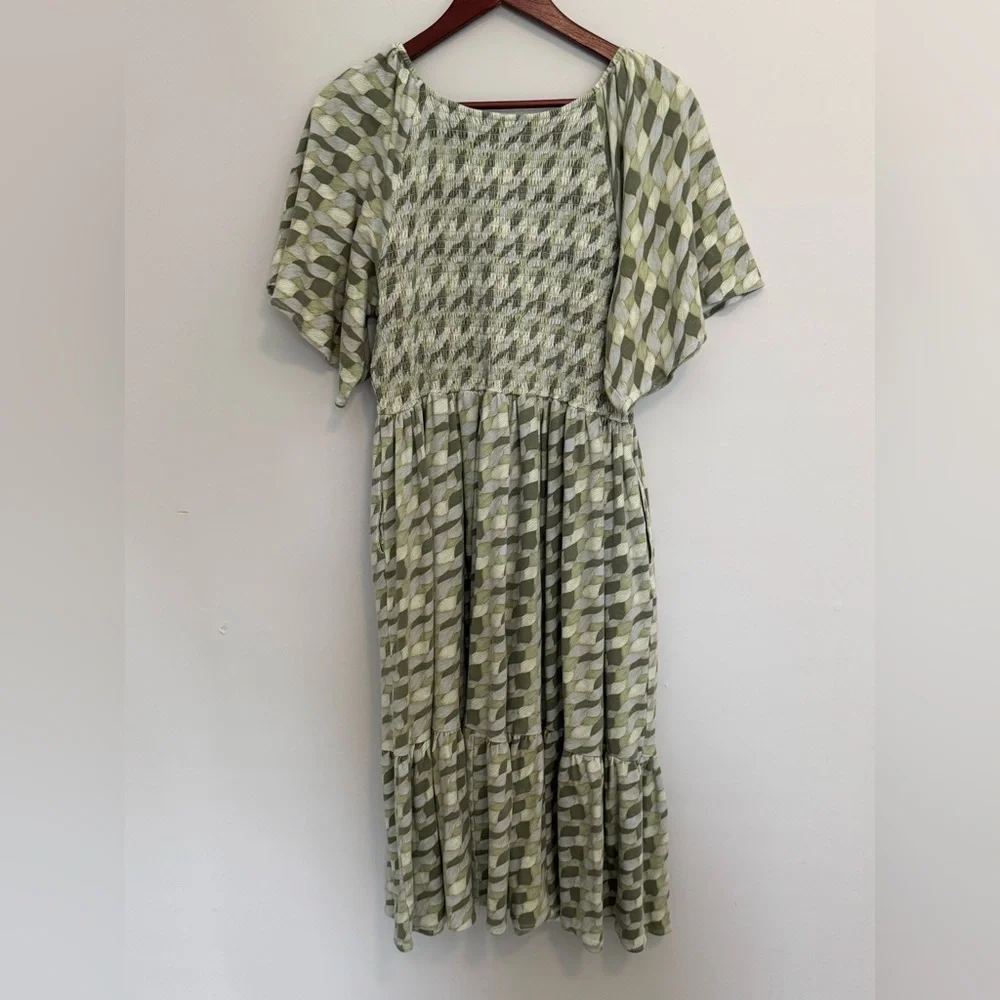 Kate Quinn Women’s Organic Cotton Green Dress Size XL Smocked Pockets Nature - Picture 8 of 8